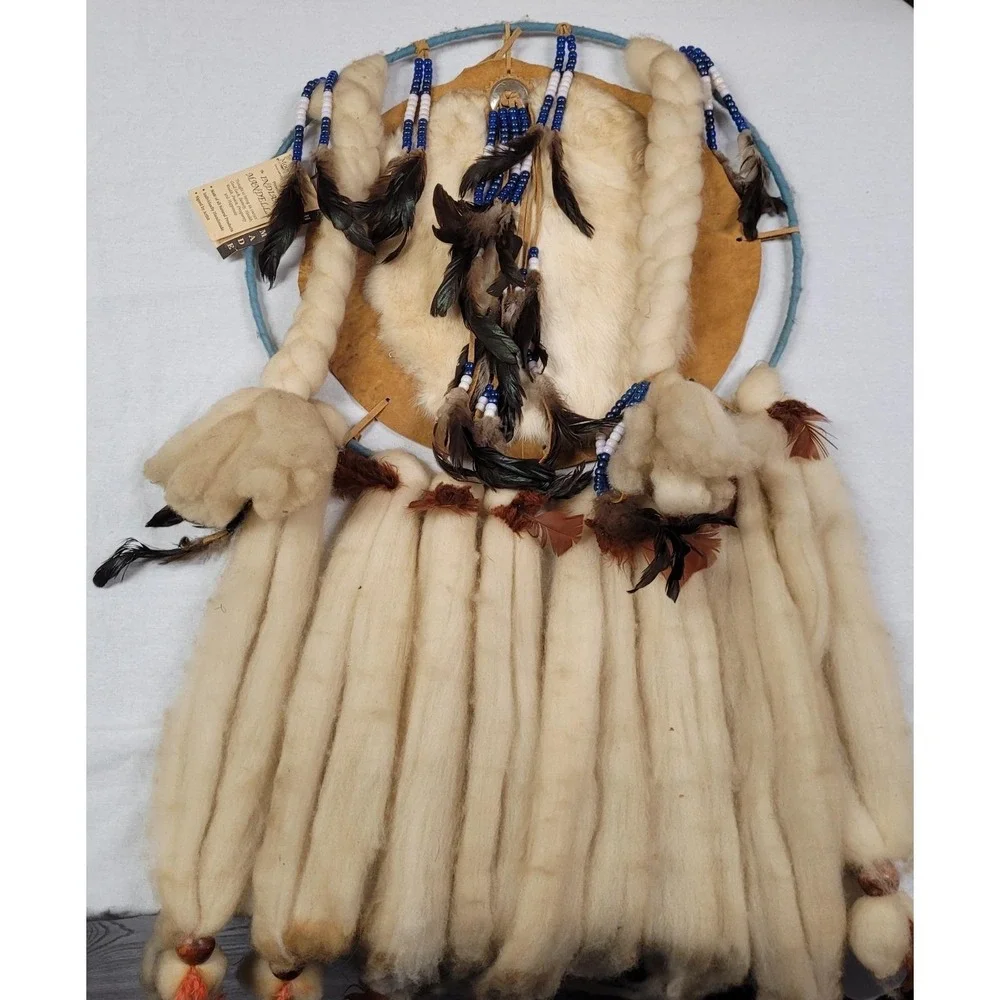 VTG Moon Raven Native American Style Mandala or Dream Catcher Wool Beads Leather